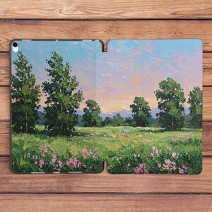 Wydruk farb olejnych Zachód słońca natura sztuka etui na iPada drzewa Lato sztuka pokrywa Niebieskie różowe niebo etui na iPada różowe kwiaty inspirujące sztuka etui Wiosna