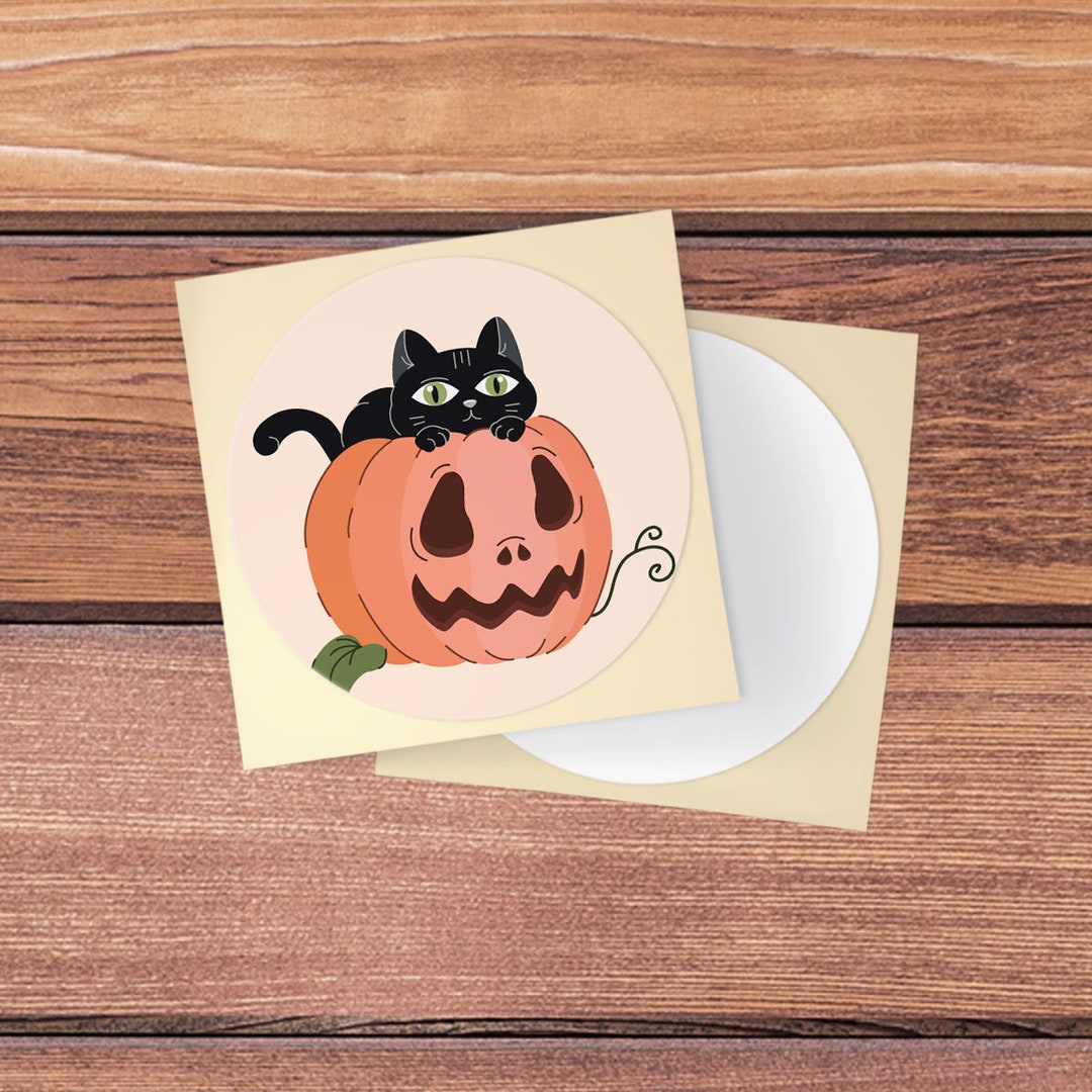 Kawaii Black Cat Sticker Decal Cute Animal Art Orange Pumpkin Art ...
