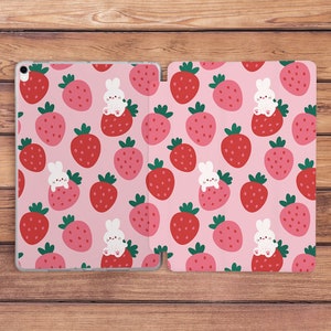 iPad case fruit Pink strawberry art iPad case rabbit White bunny print iPad case kids Cute Kawaii art iPad Pro Cartoon art  iPad 10th gen