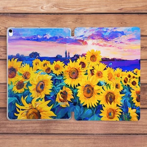 Żółte słoneczniki etui Farby olejne wydruki iPad smart etui etui iPad kwiaty inspirująca sztuka natura etui iPad błękitne niebo kwiatowy lato etui artystyczne