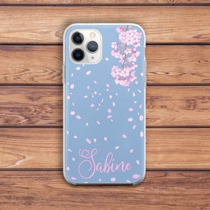 iPhone blue case Sakura blossom art iPhone case name iPhone case custom Personalized case Pink flowers art Phone case girly iPhone 14 cute