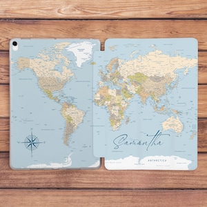 iPad Hülle Reisehülle Weltkarte Druck Hülle Name Individuelle iPad Hülle Hülle Hülle Kunst Lederhülle iPad Hülle Mann Geschenk für ihn Für sie Girly
