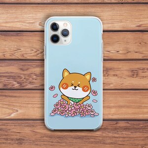Kawaii shiba inu art Cartoon dog print Light blue case iPhone case puppy Dogs lover gift Pink sakura flowers iPhone 14 Plus case iPhone 13