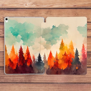 Custodia per iPad con foresta ad acquerello Custodia per iPad con alberi Custodia per foresta autunnale Elegante Arte estetica Arte del cielo azzurro Arte del pino Custodia arancione Regalo per iPad