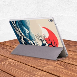 Japanese nature art iPad red sun case Great wave print case iPad case blue water Sakura tree art iPad case forest iPad flip stand iPad Beige image 3