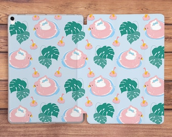 Grappige witte katten iPad hoesje zomer Tropische bladeren hoesje iPad hoesje dieren Roze flamingo vogel iPad smart case iPad hoesje blauw iPad Air Pro Mini