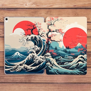 Japanese nature art iPad red sun case Great wave print case iPad case blue water Sakura tree art iPad case forest iPad flip stand iPad Beige White