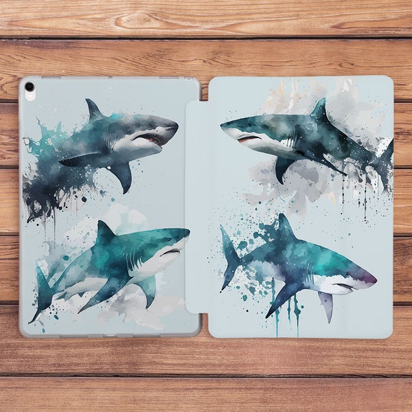 iPad case shark Light blue case Marine animal art iPad flip stand iPad case fish iPad 9th gen case iPad smart cover iPad Air 5 iPad 10 2