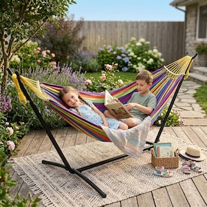 Può includere: Un'amaca a righe multicolore con un supporto in metallo nero. Due bambini leggono un libro nell'amaca. Un tappeto intrecciato, un cestino di libri, sandali e un cappello di paglia sono nelle vicinanze, in un giardino.