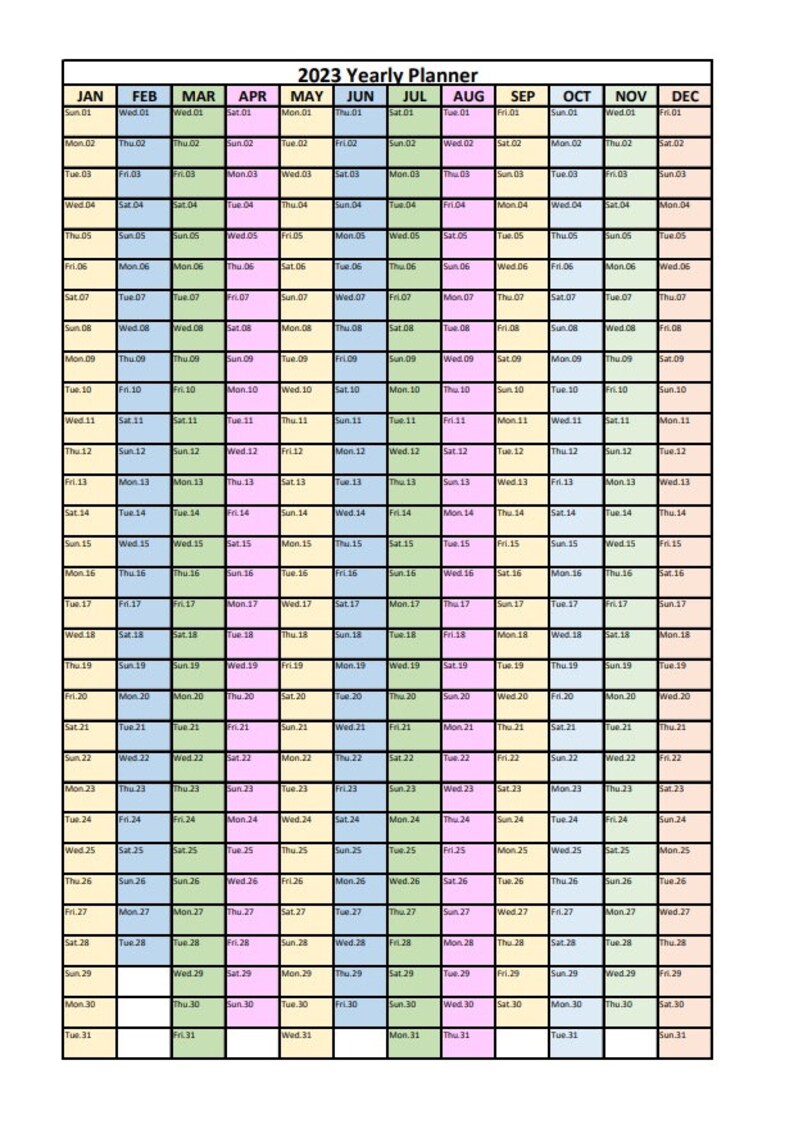 May include: 2023 yearly planner with a grid layout. Each month is displayed with its days and dates. The planner is organized by month, with each month having a different color. The text "2023 Yearly Planner" is at the top.