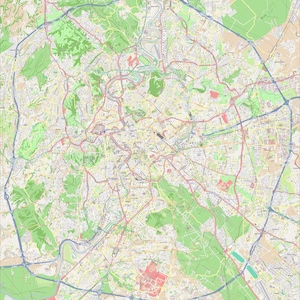 May include: A detailed map of Rome, Italy, showing the city's streets, parks, and landmarks. The map is in a light green and beige colour scheme, with red lines indicating major roads.