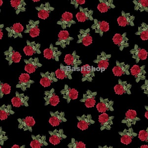 May include: A seamless pattern featuring red roses with green leaves on a black background.