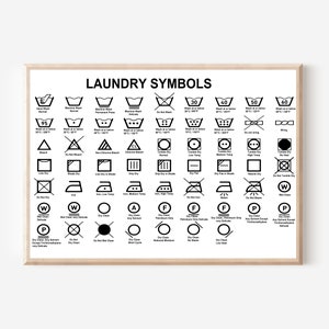 May include: A framed print displaying laundry symbols in black and white. The print includes various washing, drying, and ironing instructions, with temperature indicators in Fahrenheit. The title "LAUNDRY SYMBOLS" is at the top.