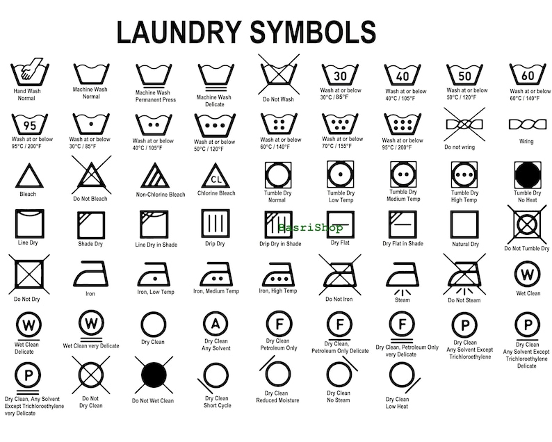 May include: A black and white chart of laundry symbols with text labels. Symbols include hand wash, machine wash, bleach, tumble dry, iron, and dry clean instructions. The text "LAUNDRY SYMBOLS" is at the top.