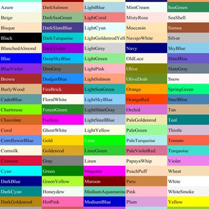 May include: A color chart featuring a grid of color names and their corresponding swatches. The chart includes a wide range of colors, from AliceBlue to YellowGreen, with names like Crimson, Teal, and Orchid.