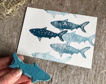 Shark Fish Hand-carved stamp – unique ocean linocut stamp for fabric, paper & gift wrapping | Nautical supplies craft