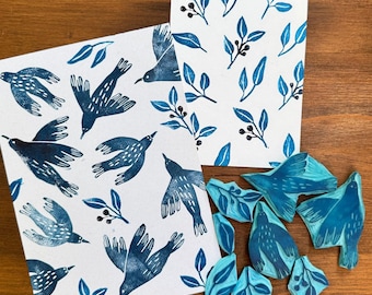 Set of Bird Rubber Stamps -Blockprint/Linocut style – Bird Theme Stamp for Journaling, Scrapbooking, Fabric Printing, Gift Wrapping