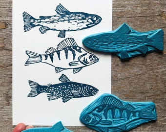 Fish Stamp Set of 3, Hand Carved Rubber Stamps, Coastal Printmaking Kit, DIY Textile Printing, Nautical Stamp Set, Linocut Style