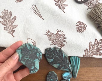 Hand Carved Set of 6 Forest Rubber Stamps – Botanical Block Print Stamps for Fabric, Paper & Craft Projects for slow life lovers