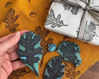 Hand Carved Set of 4 Forest Rubber Stamps – Botanical Block Print Stamps for Fabric, Paper & Craft Projects for slow life lovers