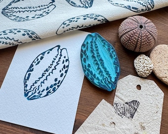 Hand Carved Shell Rubber Stamp -Blockprint/Linocut style – ocean Theme Stamp for Journaling, Scrapbooking, Fabric Printing, Gift Wrapping
