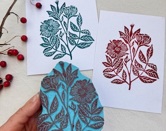 Hand Carved Flower Rubber Stamp – Botanical Block Print Stamp for Fabric, Paper & Craft Projects