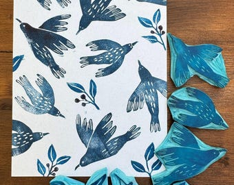 Hand Carved Bird Rubber Stamps -Blockprint/Linocut style – Bird Theme Stamp for Journaling, Scrapbooking, Fabric Printing, Gift Wrapping