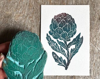 Hand Carved Artichoke Rubber Stamp – Botanical Block Print Stamp for Fabric, Paper & Craft Projects, Vegetables stamp