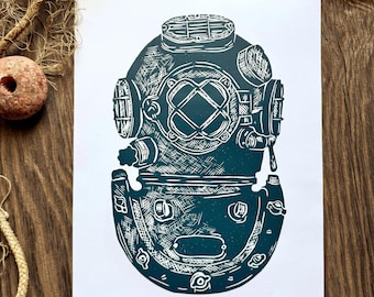 Vintage Diving Helmet Linocut Print A4 | Nautical Wall Art | Ocean Decor | Hand Printed Illustration | Deep Sea Art