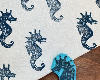 Hand Carved Seahorse Rubber Stamp -Blockprint/Linoprint – ocean Theme Stamp for Journaling, Scrapbooking, Fabric Printing, Gift Wrapping