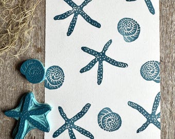 Starfish and shell, set of hand-carved stamps — unique ocean linocut stamp for fabric, paper & gift wrapping | Nautical supplies craft