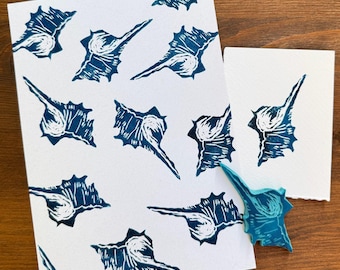 Hand Carved Shell Rubber Stamp -Blockprint/Linoprint style – ocean Theme Stamp for Journaling, Scrapbooking, Fabric Printing, Gift Wrapping