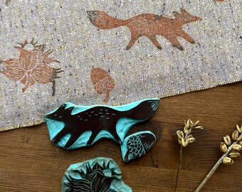 Hand Carved Forest Rubber Stamps – Botanical and Fox Block Print Stamps for Fabric, Paper & Craft Projects for slow life lovers