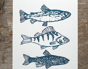 Coastal Fish Print A5, Blue Marine Wall Art, Scandinavian Beach House Decor, Minimalist Ocean Illustration, Kitchen Wall Art, Nautical Print