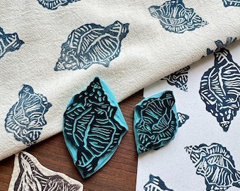 Hand Carved Shell Rubber Stamp -Blockprint/Linocut style – ocean Theme Stamp for Journaling, Scrapbooking, Fabric Printing, Gift Wrapping