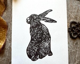 Hare Linocut Print A5 – Handmade Rabbit Art Print, Woodland Animal Wall Art, Brown Ink Print, Minimalist Nature Decor, Gift for Animal Lover