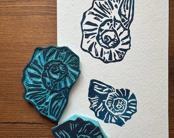 Hand Carved Shell Rubber Stamp -Blockprint/Linoprint style – ocean Theme Stamp for Journaling, Scrapbooking, Fabric Printing, Gift Wrapping