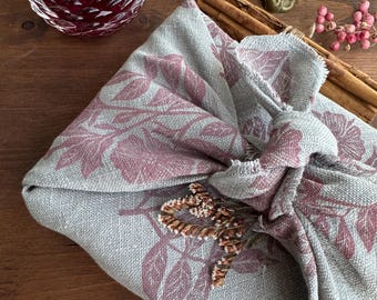 Scandi Linen Furoshiki – Block Printed Flower, Reusable Linen Gift Wrap, Table Styling Cloth, Rustic Floral Linen Wrap – Eco Gift Cloth