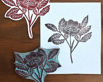 Hand Carved Flower Rubber Stamp – Botanical Block Print Stamp for Fabric, Paper & Craft Projects