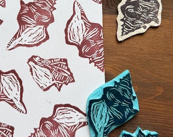 Hand Carved Shell Rubber Stamp -Blockprint/Linocut style – ocean Theme Stamp for Journaling, Scrapbooking, Fabric Printing, Gift Wrapping