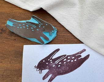 Hand Carved Set of 2 Forest Rubber Stamps – Rabbit Block Print Stamps for Fabric, Paper & Craft Projects for slow life lovers