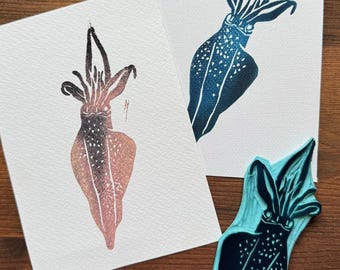 Hand-carved Squid stamp — unique ocean linocut stamp for fabric, paper & gift wrapping | Nautical supplies craft