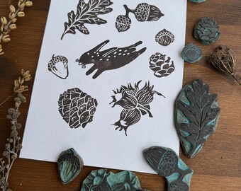 Hand Carved Set of 8 Forest Rubber Stamps – Botanical Block Print Stamps for Fabric, Paper & Craft Projects for slow life lovers
