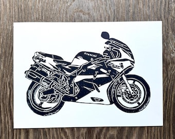 Sport Motorcycle Linocut Print A4 | Bike Wall Art | Motorcycle Illustration | Biker Gift | Hand Printed Art