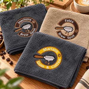 Handtuch für Kaffeemaschine – 500 g/qm | 100 % Baumwolle | Bestickt mit Name oder Café-Logo, personalisiert, Barista Siebträger Zubehör