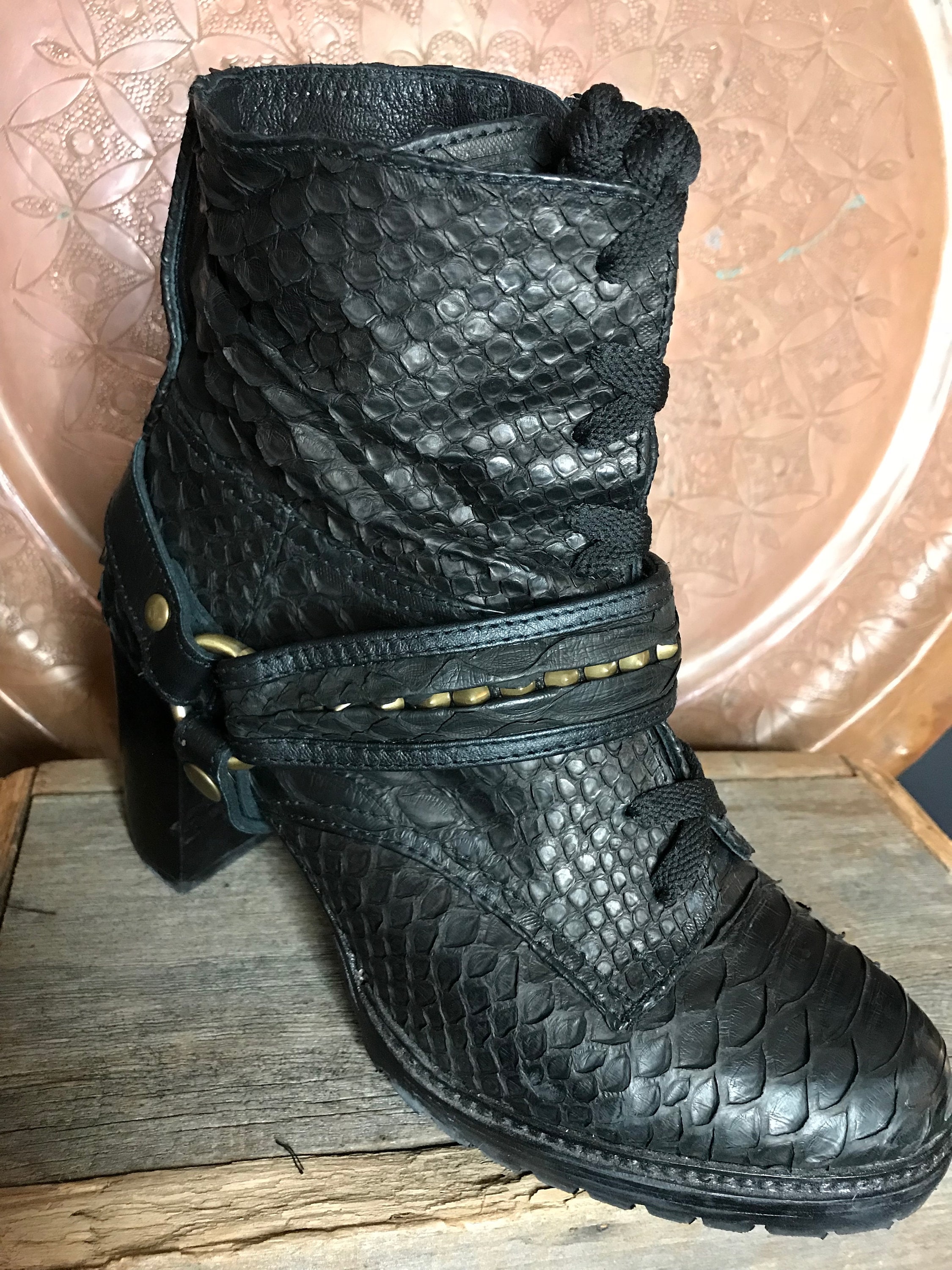 Black Leather Gold Studded Boot Harness Boot Strap Snake Skin | Etsy
