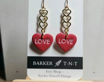 Dangle heart LOVE polymer clay earrings.