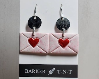 Valentines heart envelope clay earrings