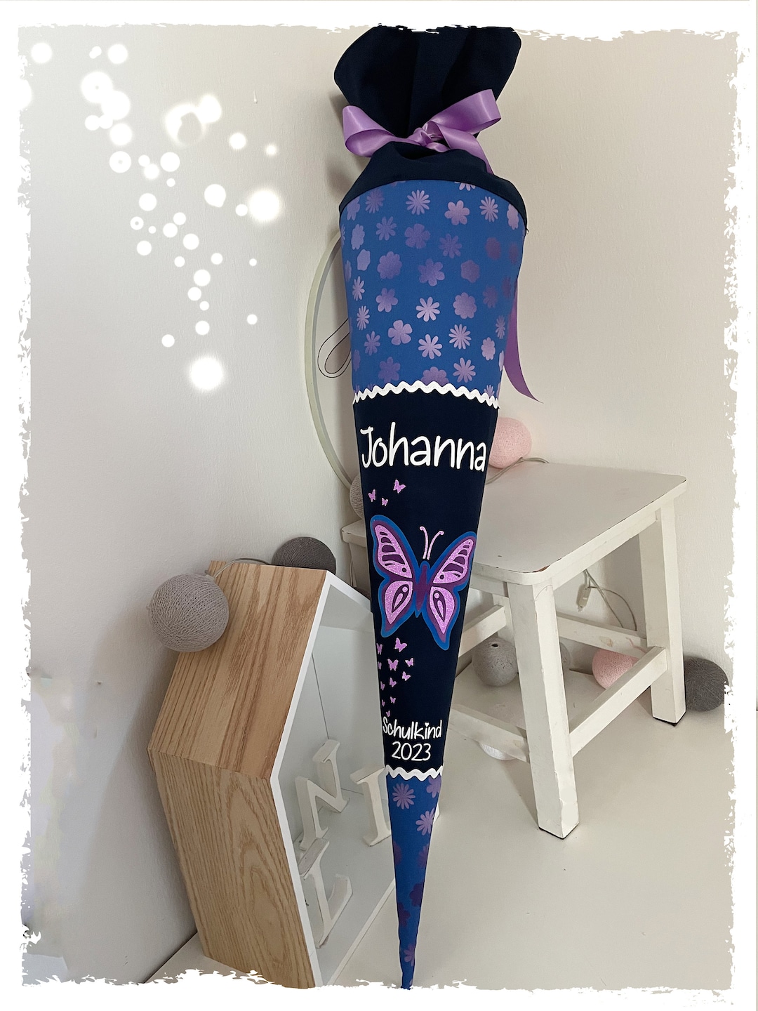 Schultüte Schmetterling marineblau aus Stoff lila mit Name Schmetterlinge Mädchen