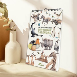 Wildlife Birthday Calendar, Perpetual Calendar, Gift for Friend, Art Illustration, Animal Birthday Calendar, Recycled Calendar, Eco Friendly